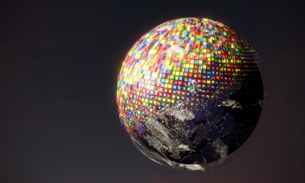 Multi colored blocks covering the Earth, symbolizing blockchain and global financial technology. All the world map textures are originally from NASA.