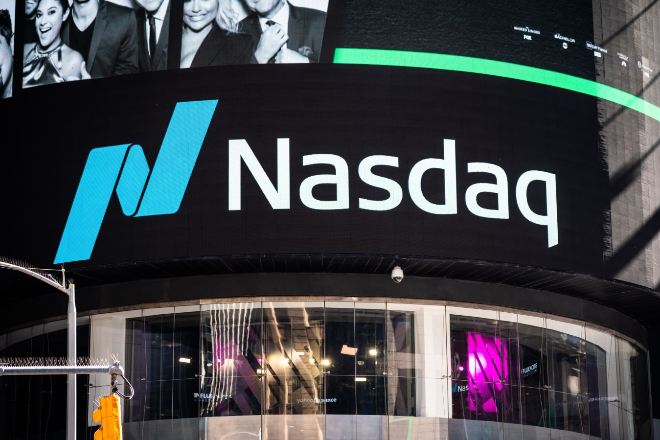A logo of the Nasdaq Stock Market seen in Midtown Manhattan.