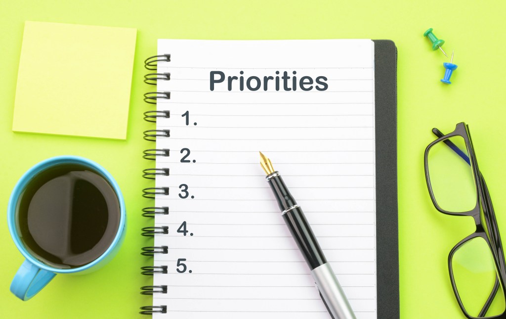 Coffee cup, pen and reading glasses sit alongside a notebook with a heading reading priorities