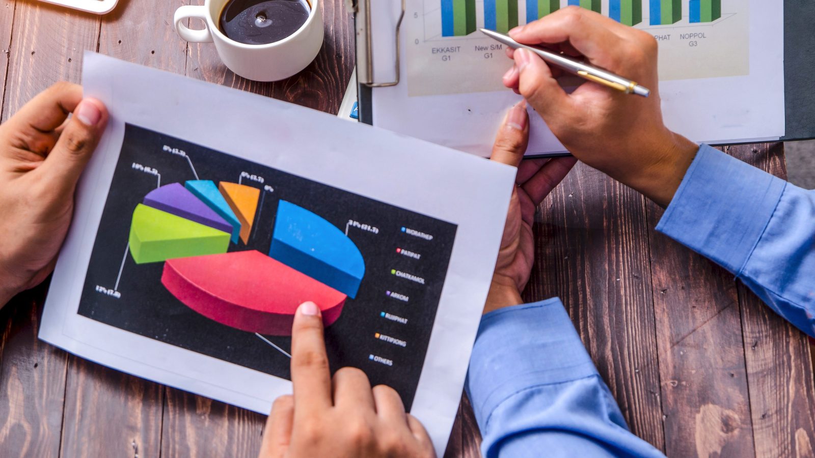 presenting company annual report statement document, papers chart, growing up graph. Stock market, office, tax, education concept.