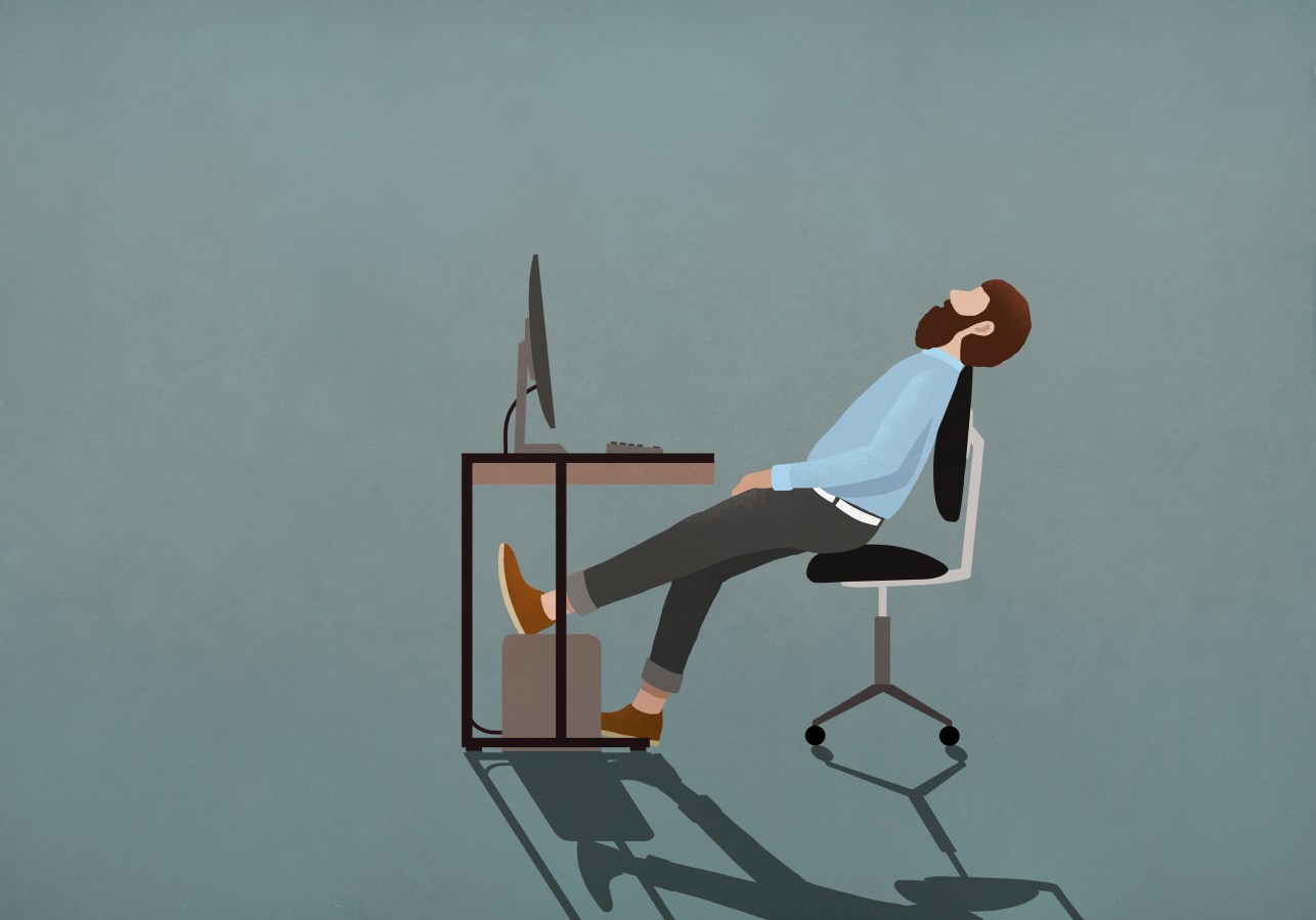 illustration of a man sleeping in a chair in front of a computer screen
