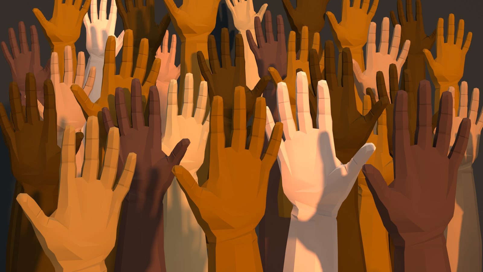 Digital generated image of multi-ethnic arms raised in the air on dark gray background.
