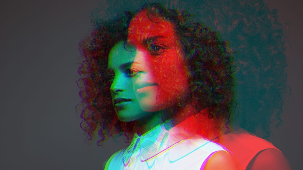 woman shown with superimposed image in red and green