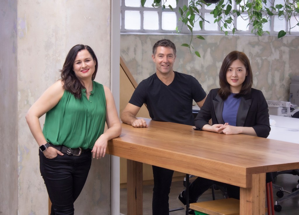 Siobhan Savage (left) is one of three co-founders of Reejig, including her husband Mike Reed (middle), and Shujia Zhang (right)
