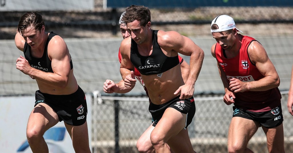 Catapult devices being worn by St Kilda AFL players during training