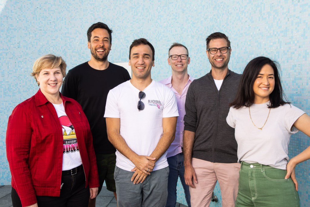 An image of the Blackbird team. From left to right: Robyn Denholm, Nick Crocker, Alex Apoifis, Rick Baker, Niki Scevak, Samantha Wong.