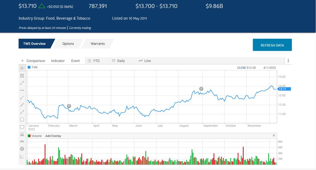 TWE ASX share price chart YTD