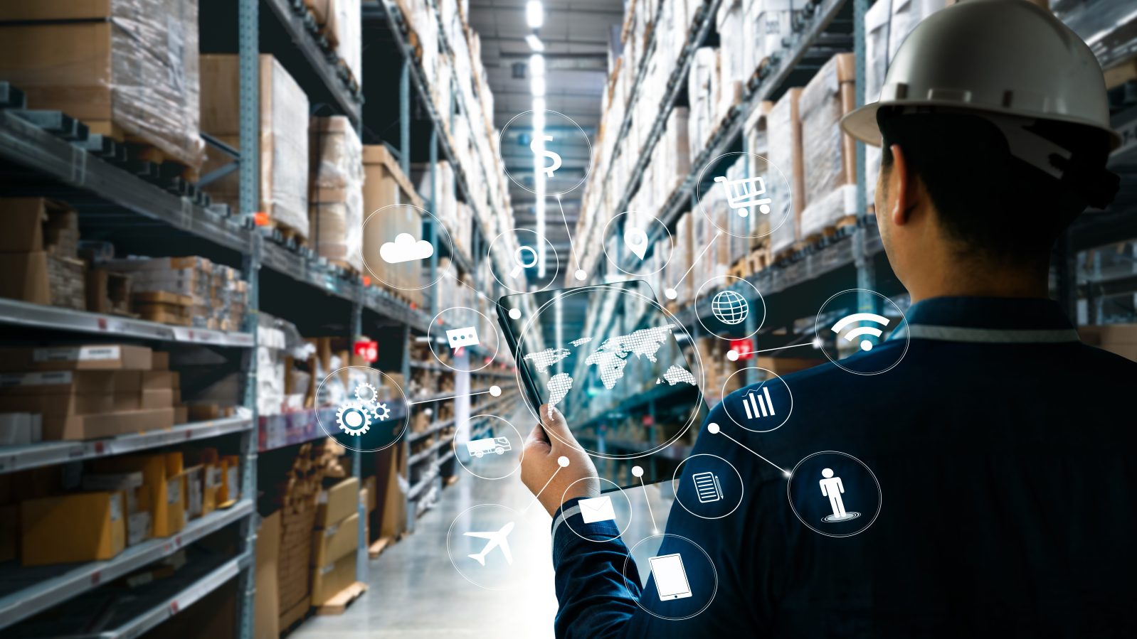 Man with tablet hand holding in factory storehouse with AR application for check order pick time in smart factory warehouse, technology interface global partner connection for Logistic Import Export background