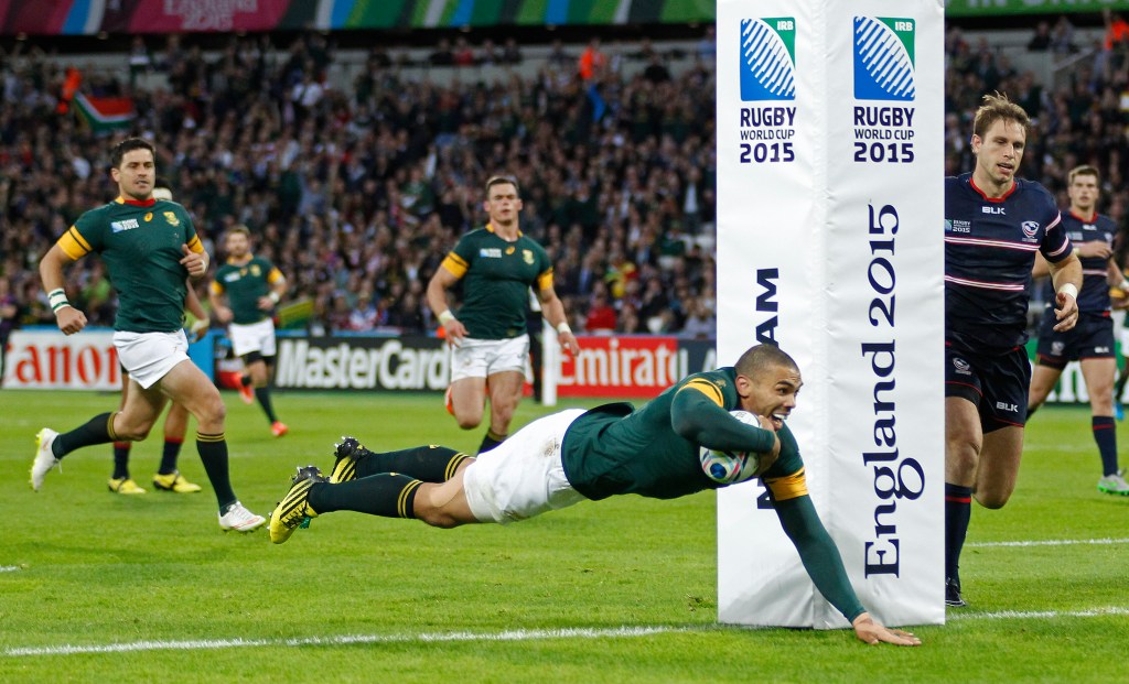 Bryan Habana of South Africa scores a try during the 2015 Rugby World Cup 