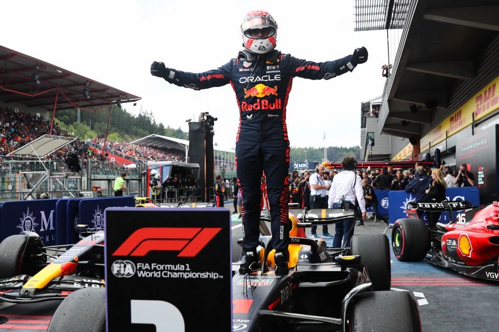 Max Verstappen of Red Bull Racing celebrates after the Formula 1 Belgian Grand Prix at Spa-Francorchamps in Spa, Belgium on July 30, 2023. (Photo by Jakub Porzycki/NurPhoto via Getty Images)