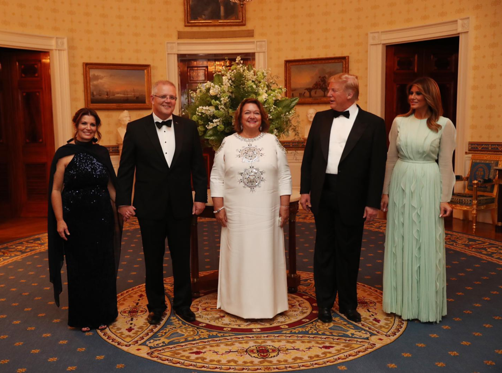 Gina Rinehart with President Trump, First Lady Melania Trump, and the former Australian Prime Minister at the White House. Image: Hancock