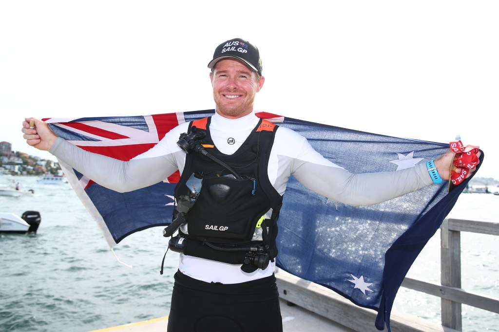 Tom Slingsby, Team Australia SailGP skipper celebrates winning the first round of SailGP on Sydney Harbour on February 16, 2019 in Sydney, Australia. (Photo by Cameron Spencer/Getty Images)