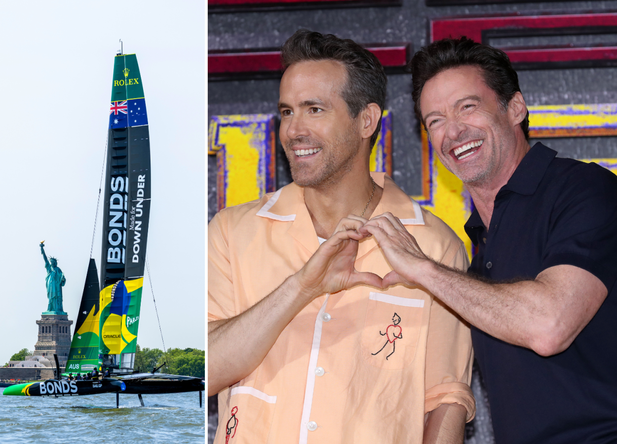 Ryan Reynolds and Hugh Jackman are the proud new co-owners of Australia’s SailGP team. Image: Getty