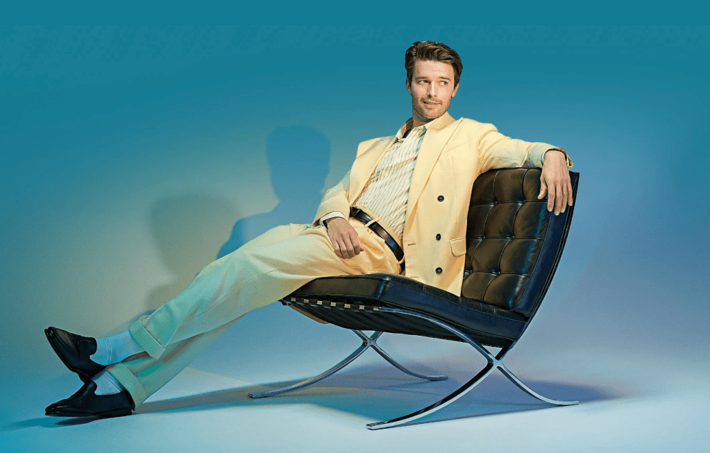 Patrick Schwarzenegger wears a double-breasted suit, shirt and socks by Dsquared2; shoes by Santoni. Stylist: Avo Yermagyan/Forward Artists; grooming: Mira Chai Hyde/ASM Management.
