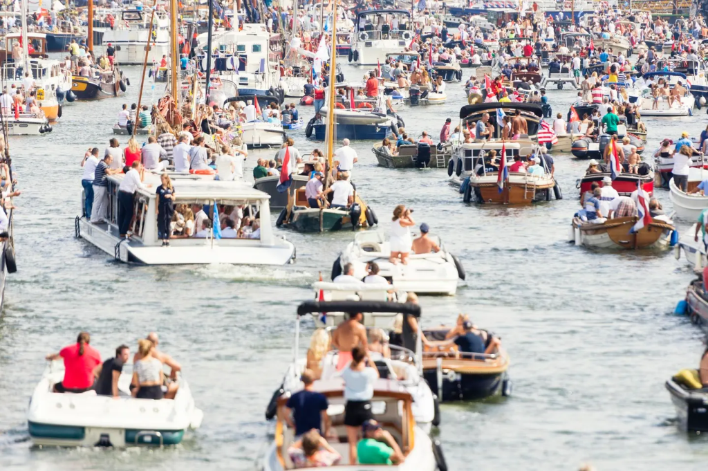 A crowded scene on the IJ River in Amsterdam. As overtourism spikes, the Netherlands is introducing stricter rules for boat parties, group tours and cannabis use to protect the city’s quality of life.
getty