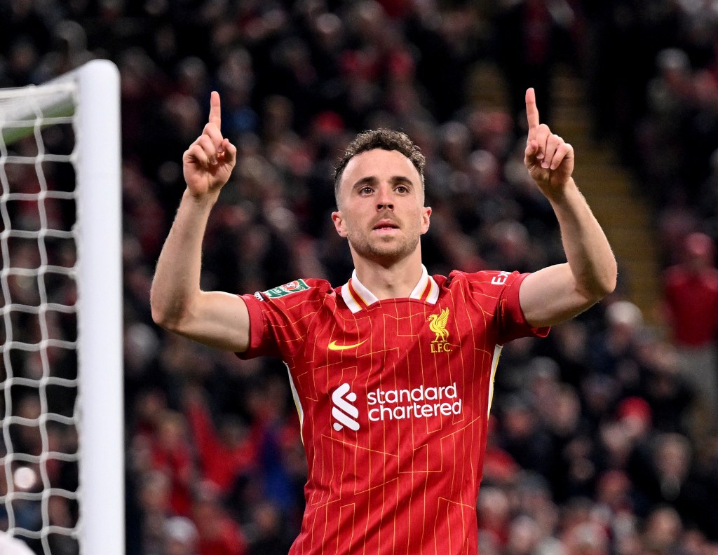 Liverpool FC player Diogo Jota seen celebrating a goal against West Ham. Image: Getty