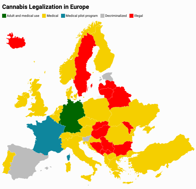 A guide to medical marijuana and recreational use laws across the continent and the United Kingdom.