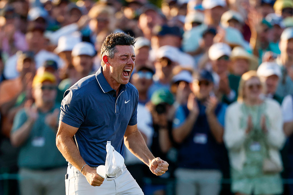 Rory McIlroy celebrates winning the 2025 Masters Tournament. Image: Getty