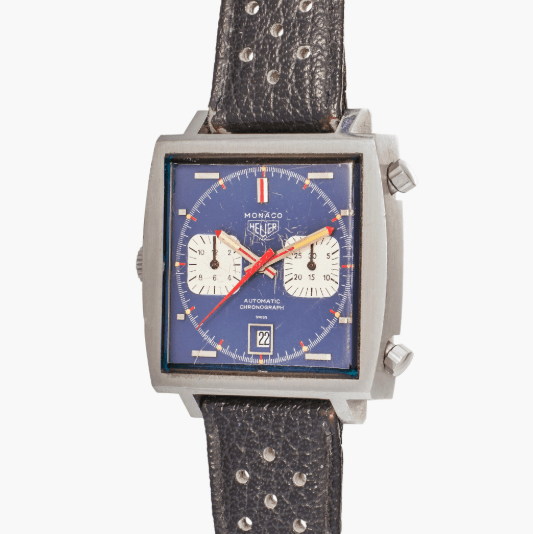 A Heuer Monaco Reference 1133B, circa 1969, worn by Steve McQueen in the motion picture Le Mans, is the top lot of Sotheby’s Important Watches auction in New York on June 15.