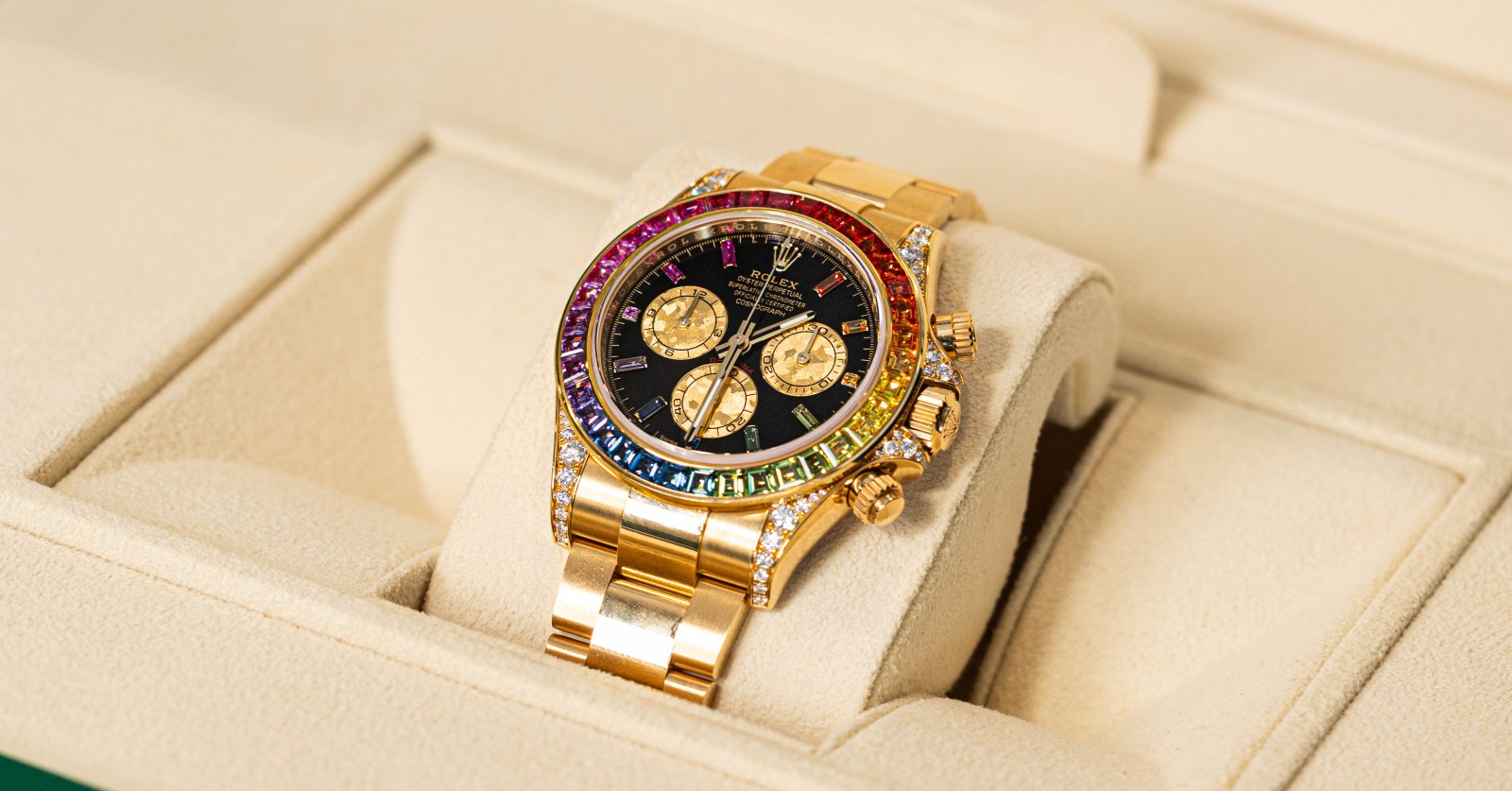 The Rolex Cosmograph Daytona "Rainbow" sold for $612,000 through First State Auctions, the most expensive watch ever auctioned in Australia. Image: First State Auctions