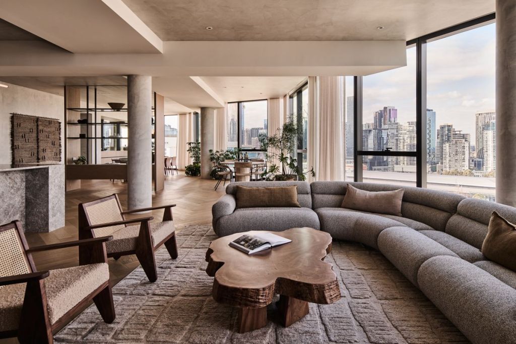 Living area inside the hotel-branded penthouse, Penthouse 1801 at 1 Hotel & Homes Melbourne