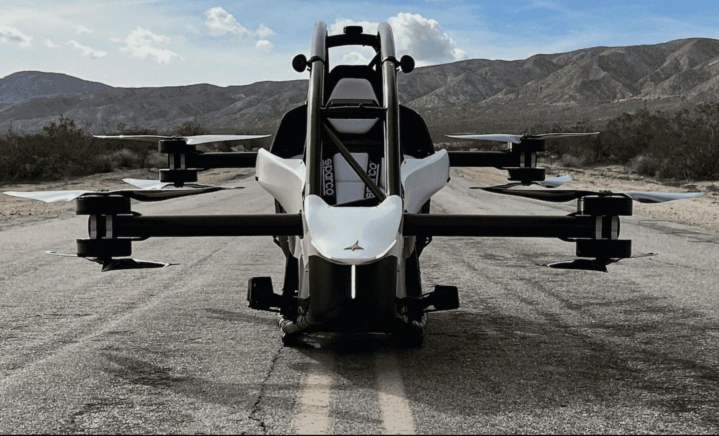 Jetson ONE personal aircraft in aluminium and carbon fiber, powered with eight powerful electric motors.