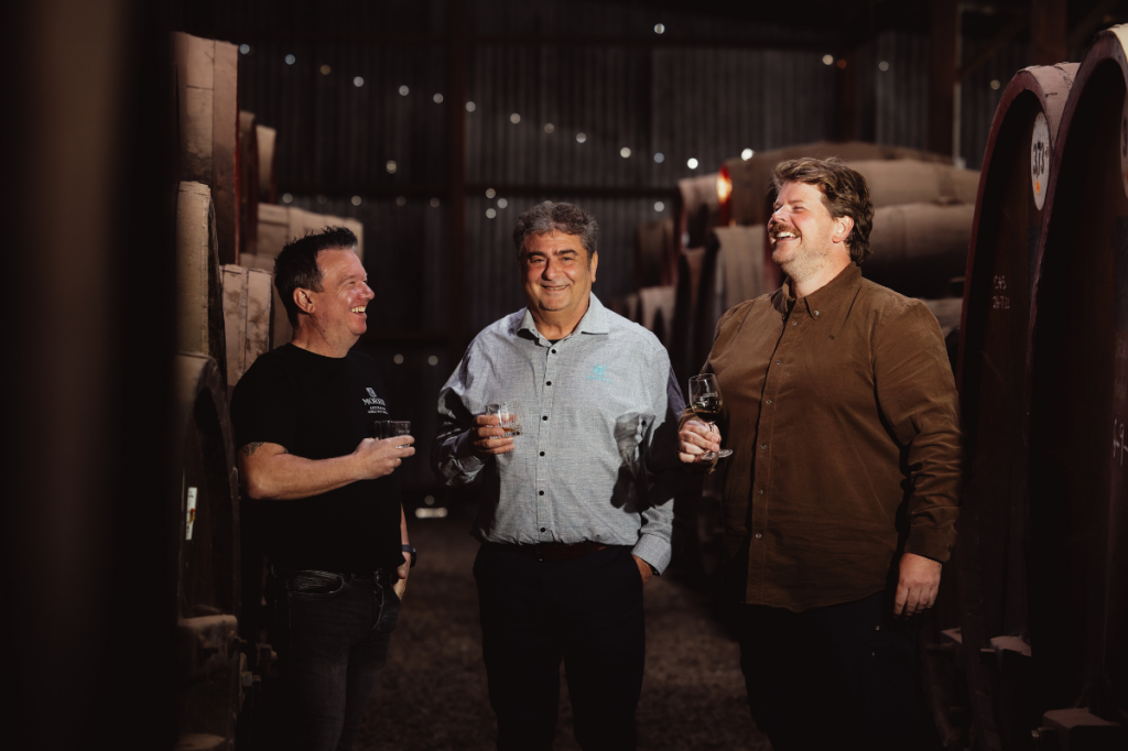 Morris of Rutherglen head distiller, Darren Peck, owner John Casella, and chief winemaker, Madden Morris.